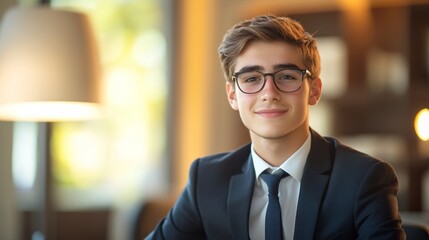 Fototapeta premium Confident young man in formal attire at a modern desk, embodying professionalism and ambition.