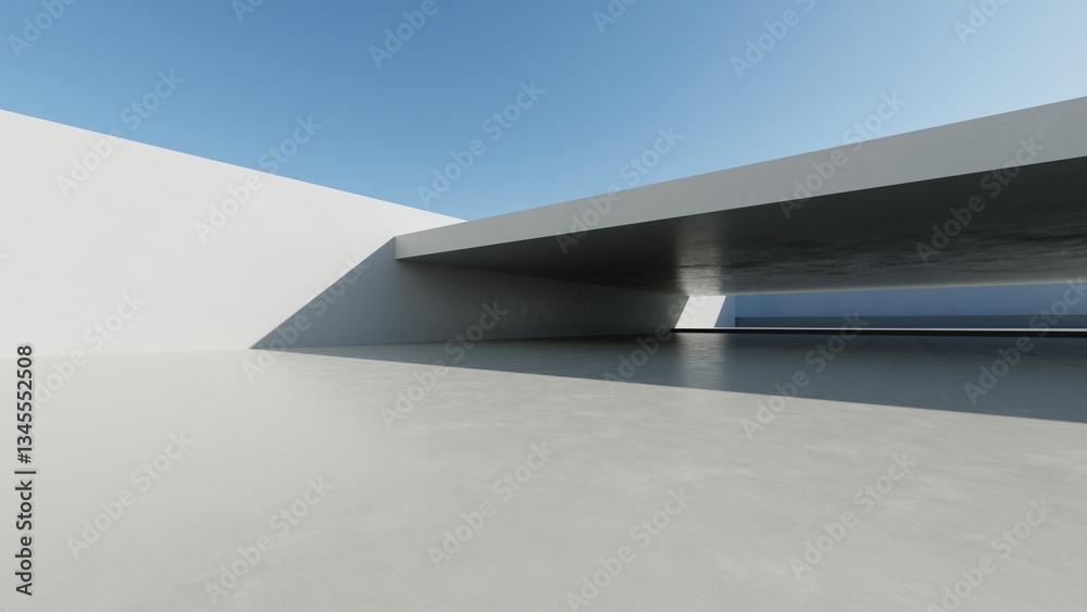 Poster 3d render of abstract modern concrete architecture with empty cement floor, minimal exterior, car pr