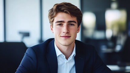 Confident young man in formal attire at a modern desk, embodying professionalism and ambition.