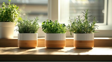 Close-up of fresh herbs growing in modern pots on a wooden shelf. The plants include basil and rosemary, ideal for small urban gardens or kitchen gardens