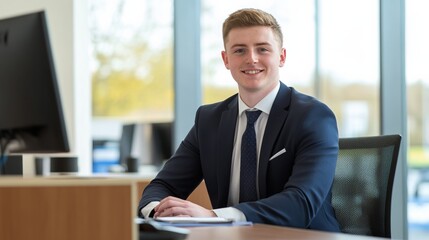 Confident young man in formal attire at a modern desk, embodying professionalism and ambition.
