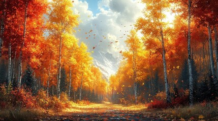 Vibrant Autumn Forest Pathway With Colorful Trees and Sunlight Illuminating the Scenic Landscape