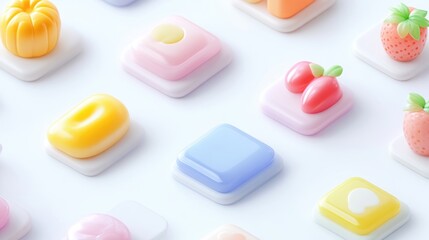 Fototapeta premium Colorful miniature food icons on white background. A variety of pastel-colored desserts and fruits, in a repeating grid pattern, are showcased. The presentation is highly stylized and playful