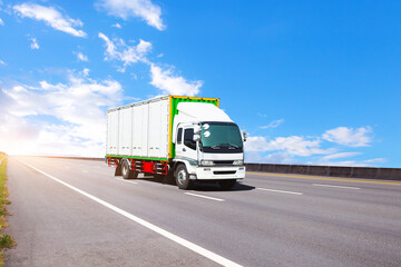 Trucks Driving on High Way Road. Shipping Cargo Containers. Freight Truck Container. Shipping...