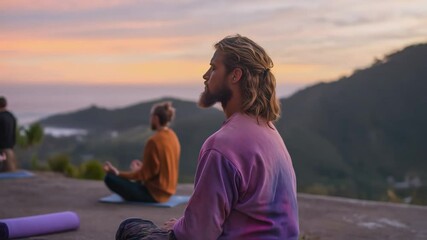 Group meditation at scenic coastal sunset viewpoint wearing purple sweaters, peaceful yoga retreat with tranquil ocean vista concept