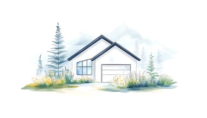 Mountain Home Watercolor Illustration.