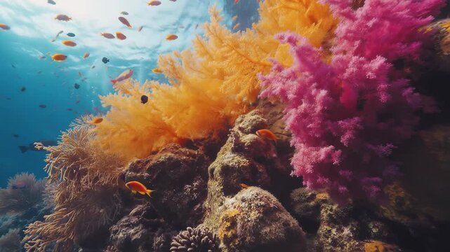Pink and orange coral reef ecosystem with tropical fish in crystal clear ocean water, underwater marine biodiversity conservation concept