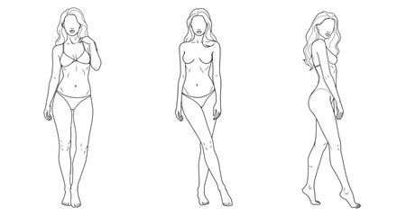 Elegant female figure in three poses showcased in minimal vector illustration
