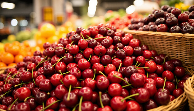 Vibrant red cherries piled in market stall, fresh fruit abundance