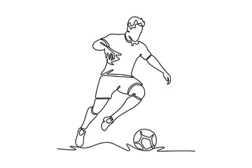Continuous one line drawing side view of male football defender controlling and dribbling ball to defence his goal area. Soccer match competition. Single line draw design vector graphic illustration © onetime