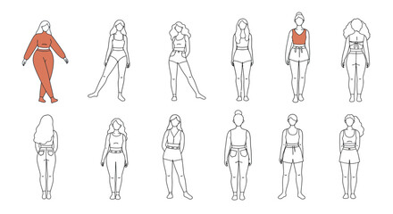 Fashion character design progression with flat minimal style vector art