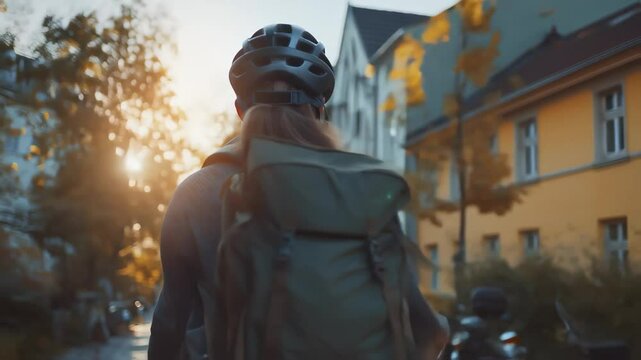 Person with modern urban backpack cycling through city neighborhood at golden hour, commuter student lifestyle with casual exploration concept - Powered by Adobe