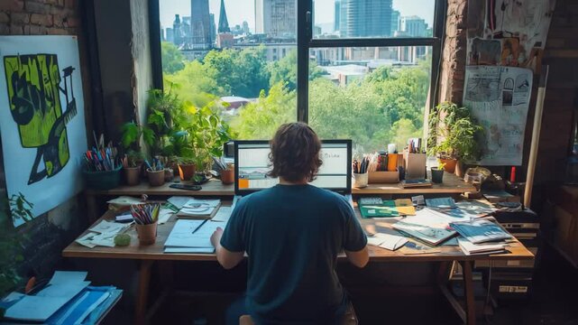 Creative workspace overlooking lush urban park with natural light, artist home office studio with plants and digital setup