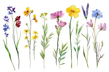 set of watercolor wildflowers and meadow grasses hand drawn on a white background