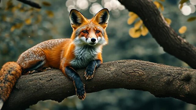 Rotund red fox resting on a tree branch in a lush forest setting during daylight hours