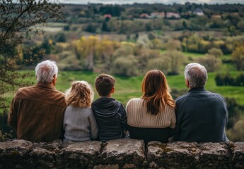Family enjoying a scenic view from a stone wall.