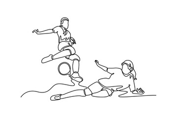 Single one line drawing beauty aggressive female football player defender performing tackle to seizing ball from opponent. Soccer competition. Continuous line draw design graphic vector illustration