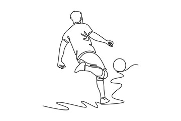 Single one line drawing back view of male football midfielder make move to control and dribbling ball. Soccer league competition concept. Modern continuous line draw design graphic vector illustration