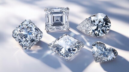 Variety of diamond cuts: round, princess, asscher, pear, heart shapes on display