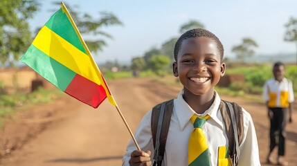 A cheerful Rwandan student in a clean polished school uniform proudly holds their national flag reflecting a sense of and educational