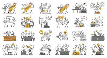 Business characters collaborating in different scenarios with minimal design elements in vector illustration