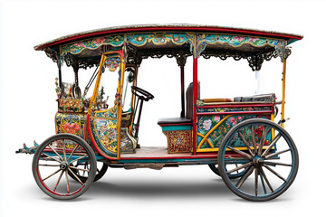 Traditional rickshaw with colorful vintage design on white background