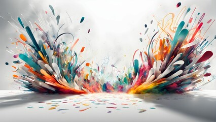 A vibrant abstract artwork featuring a colorful explosion paint splatters strokes a white background. image dynamic full energy.