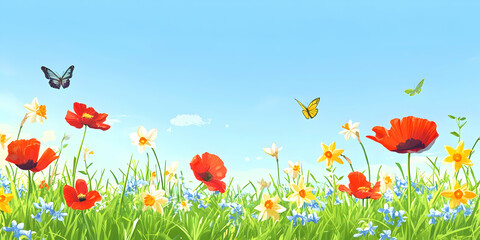 Obraz premium A vibrant, colorful illustration of a meadow filled with wildflowers, lush green grass, and butterflies under a blue sky.