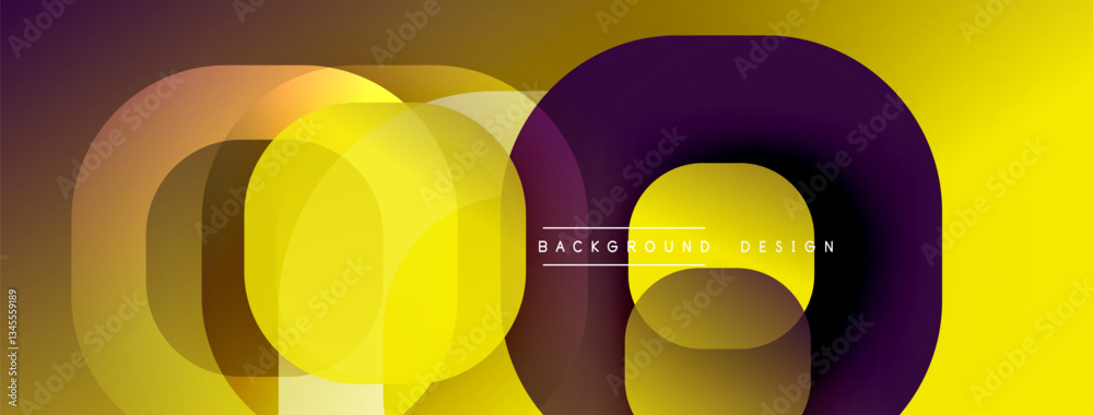 Poster Circular abstract design with overlapping translucent circles and round shapes, blending gradients and smooth curves, creating depth, contrast, and a dynamic visual effect