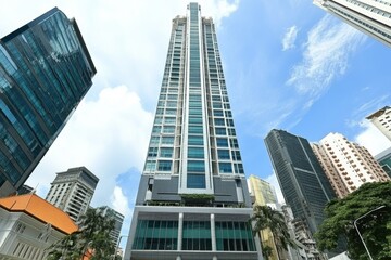 Obraz premium Modern Skyscraper Surrounded by Urban Architecture in Clear Sky