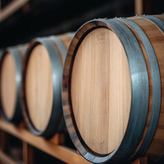 Wooden wine barrels in dimly lit cellar create warm, inviting atmosphere
