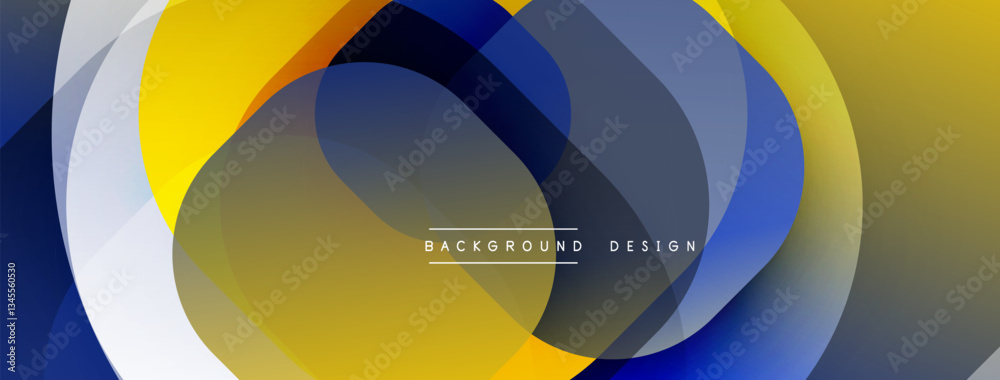 Poster Circular abstract design with overlapping translucent circles and round shapes, blending gradients and smooth curves, creating depth, contrast, and a dynamic visual effect