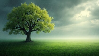 Fototapeta premium Green grassland with big trees in the wind and rain