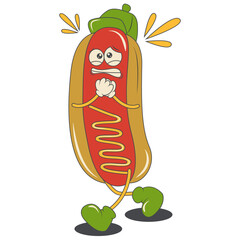 Hotdog Groovy Cartoon Character. Vector Illustration in Retro 70s Style. 
