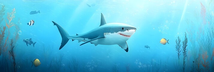 Obraz premium A great white shark gracefully navigating the tranquil azure waters of the deep ocean surrounded by marine life and a serene underwater landscape