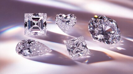 Sparkling assorted gem cuts: heart, emerald, oval, radiant, pear