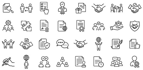 Business Agreement and Partnership Icon Set – Contract Signing, Team Collaboration, Certification, Trust, Business Deals, Professional Communication, and Corporate Relationships Symbols