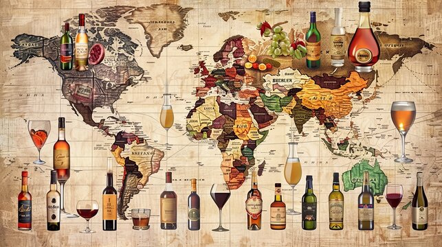 Explore famous alcoholic beverages from around the world on a detailed map showcasing unique drinks from various countries Generative AI