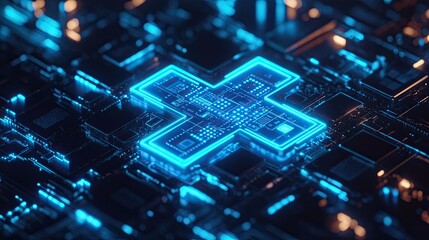 A blue digital healthcare cross emerging from a futuristic tech background 