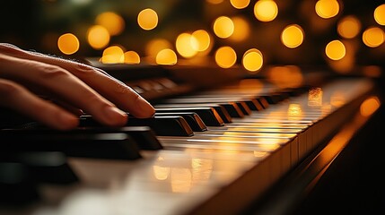 A hand gently plays piano keys, warm lights blur in background