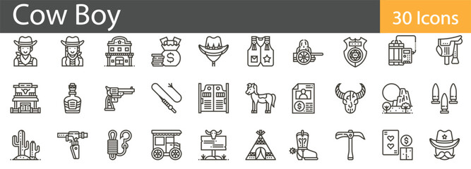Cowboy Line Icons Set. Collection of 30 outline icons representing cowboy gear, western culture, and horseback riding. Editable stroke vector illustration.