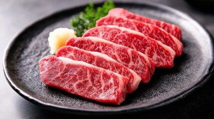 Juicy wagyu steak slices served neatly on white tableware, delicate marbling, melt-in-your-mouth texture, minimalist gourmet plating