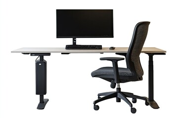 Fototapeta premium Simple workspace desk an ergonomic chair and a large monitor are shown isolated on a white