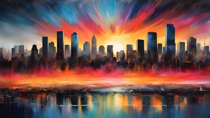A vibrant painting depicts a city skyline sunset, fiery orange red colors reflected calm water below.