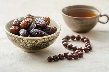 Still life with dates in a bowl, tea in a cup, and a beaded bracelet on a textured surface