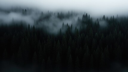 Fototapeta premium Misty forest canopy. Dense pine trees shrouded in a thick fog. A tranquil, atmospheric landscape