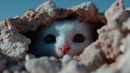 Obraz premium White kitten peeking from sandy burrow