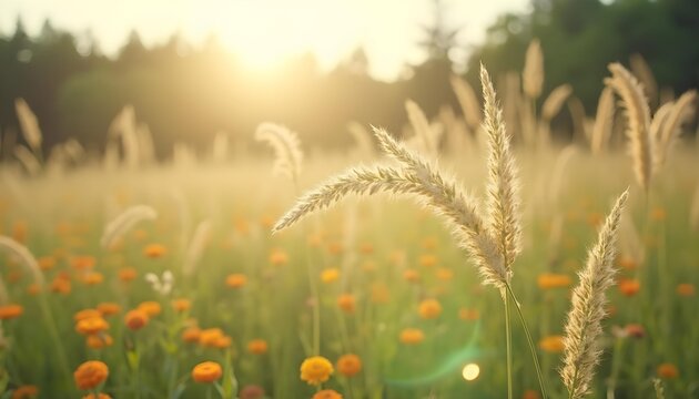 Field of orange flowers and wheat with forest backdrop