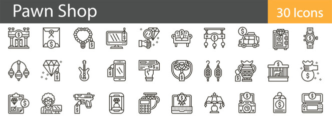 Pawn Shop Line Icons Set. Collection of 30 outline icons representing pawn services, second-hand items, buying and selling valuables. Editable stroke vector illustration.
