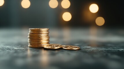 Stack of Shiny Gold Coins on Dark Surface with Bokeh Background